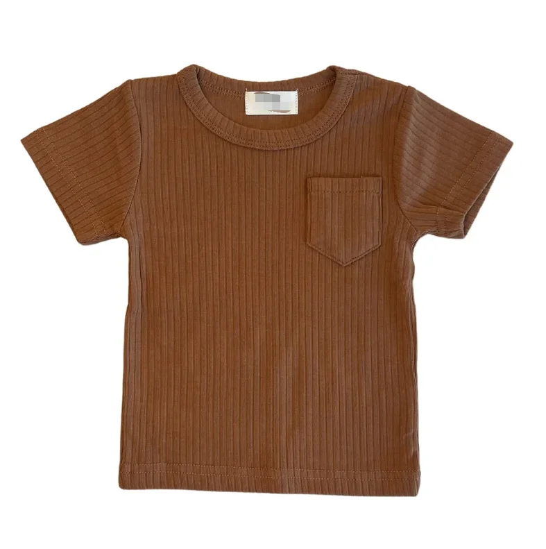 Hot Sale Ribbed Cotton Solid Color Short Sleeve Baby Tshirts with Pocket and Label for Summer - Image 3