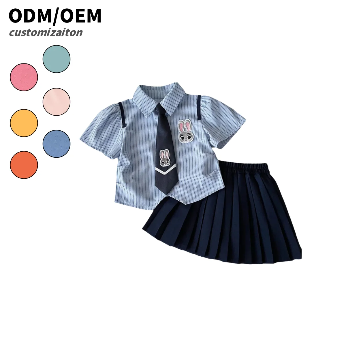 New and Popular Summer Kids Campus Style Set Fashionable and Trendy Pleated Skirt with Striped Shirt for Baby Boys and Girls