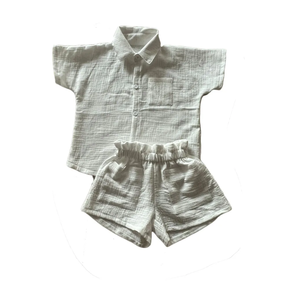 Wholesale Linen Cotton Sleeveless Elegance Baby Clothing Sets with Button for Summer - Image 5
