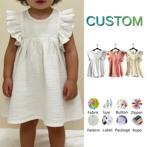 Flying Sleeve Lotus Leaf Skirt Organic Crepe Yarn Skirt for Girls Casual Solid Pattern Short Sleeve Customizable for 0-8T