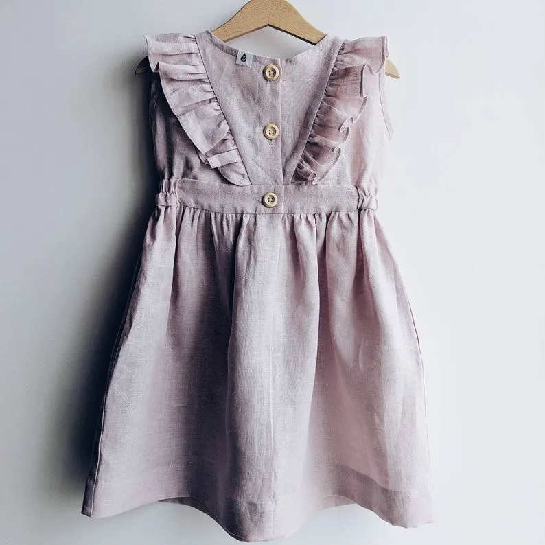 2021Boutique Baby Girl Skirt Flutter Sleeveless 100% Cotton Linen Dress Fashion Pleated Princess Dress with Back Button - Image 2