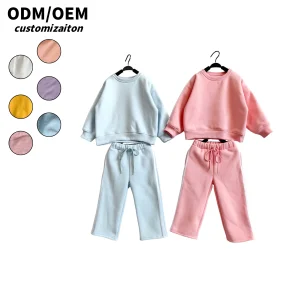 Solid Casual French Terry Fleece Kids Clothing Set with Long Sleeve Baby Sweater and Jogger Pants Custom Logo Soft