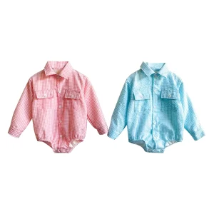 Custom Baby Spring Seersucker with Viscose Lining Fishing Romper Long Sleeve Baby Cute Neutral  Outdoor Casual Bubble Romper