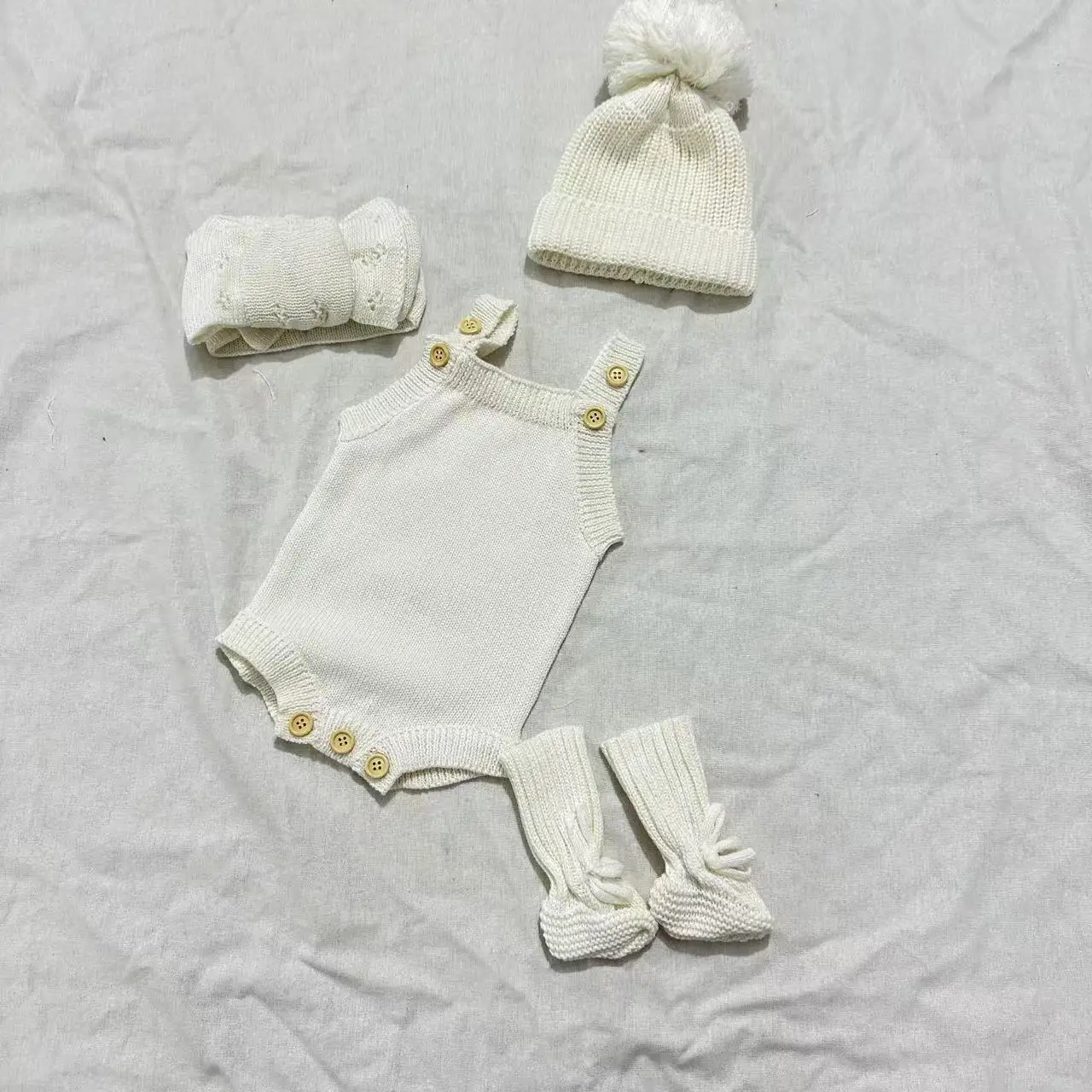 Custom Cozy Unisex Baby 100% Cotton Knitted 3 Pieces Set Long Sleeve Button Romper Newborn Baby Gift - Image 6