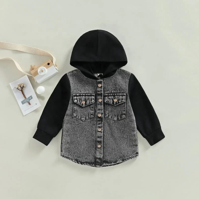 Custom Fall Button Baby Kids Washed Denim Coat Block Cotton Hood Jacket - Image 3