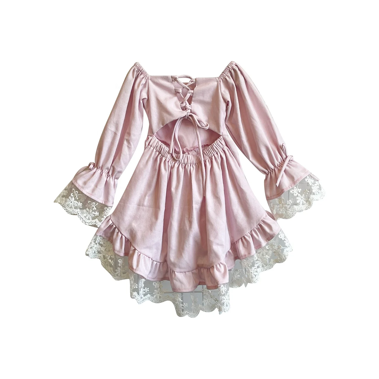Custom Baby Girl Linen Cotton Blend Long Sleeve Lace Ruffle Back Tie String Princess Birthday Gift Dress - Image 3