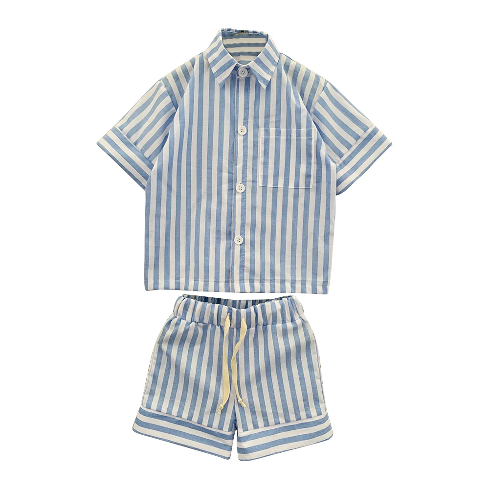 2024 Custom Summer 100%cotton Striped Baby Toddler Clothes Set Short Sleeve Shirt with Pants Set - Image 3