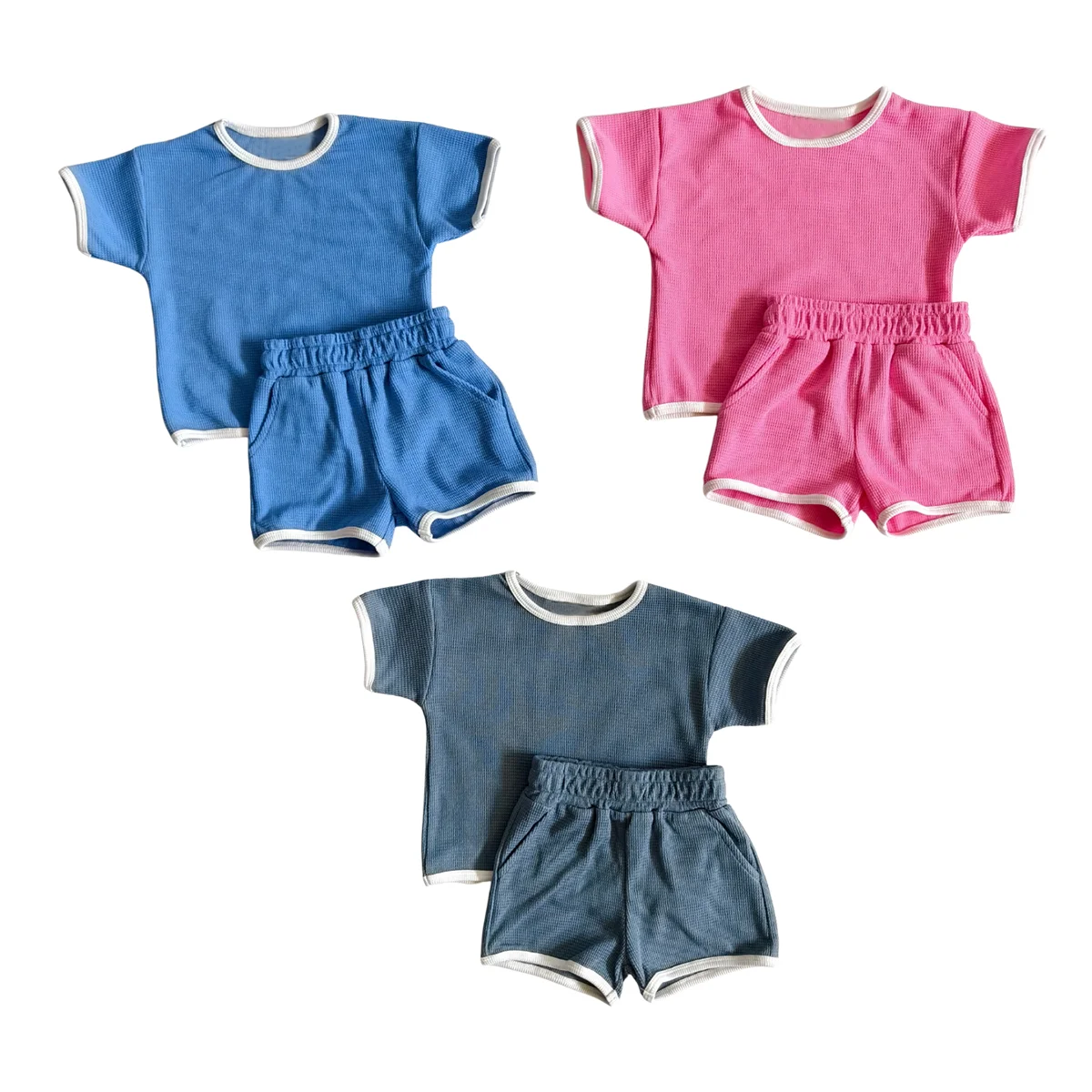OEM Suit Set for Kids Summer Outfits Casual T Shirt and Shorts 2 Piece 100% Cotton Waffle Clothing Sets - Image 3