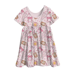 Summer Fruit Ice Cream Bamboo Print Baby Girls Dress Back to School Pattern Casual Short Sleeve Kids Dresses