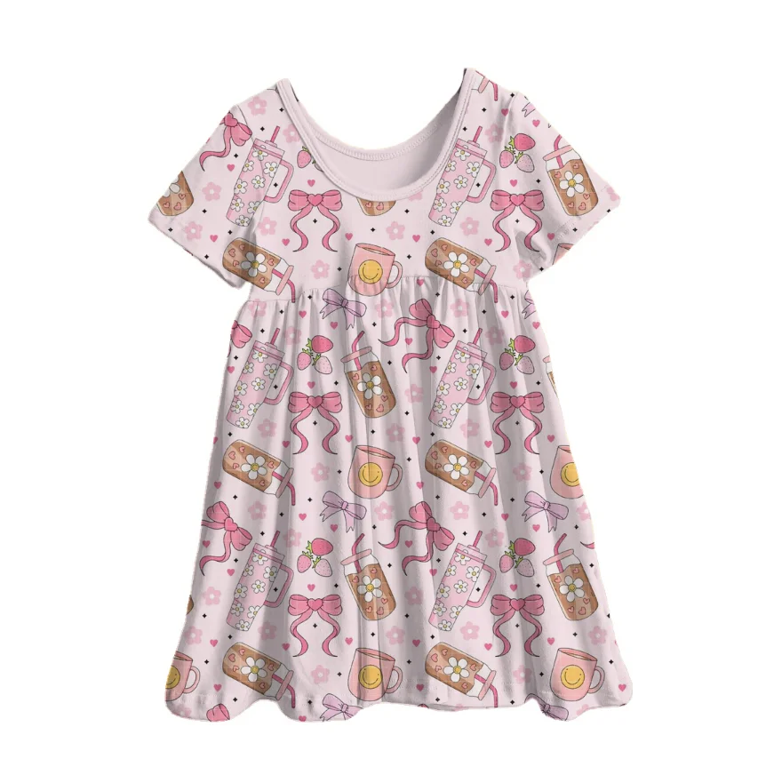 Summer Fruit Ice Cream Bamboo Print Baby Girls Dress Back to School Pattern Casual Short Sleeve Kids Dresses