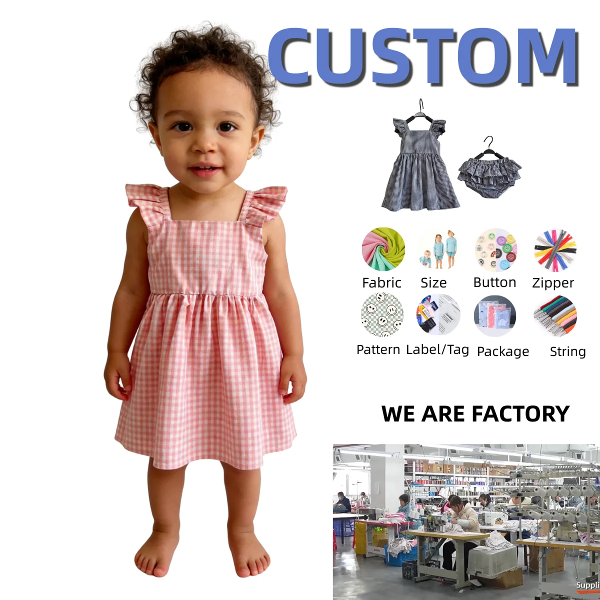 Custom Baby Girl Sets Clothes Girls Casual 100% Cotton Dress Short Sleeve Buffalo Check Red White Plaid Dresses for Kids