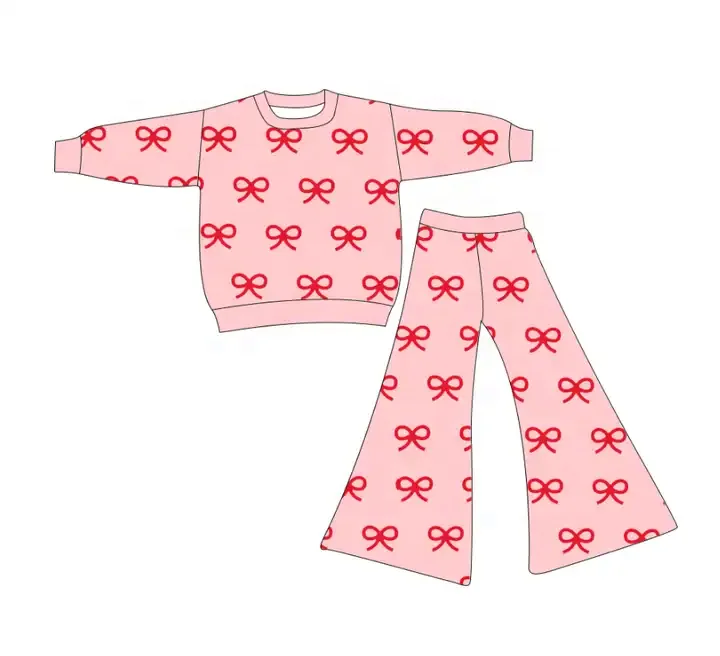 Custom Fluffy Soft Baby Girl Valentine'day Heart Bow Knit Sweater 2pcs Clothes Set