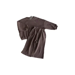 Custom New Design Oversize Solid Color Flare Waffle Cotton Casual Kids Pullover Set 2 Piece Clothes Set