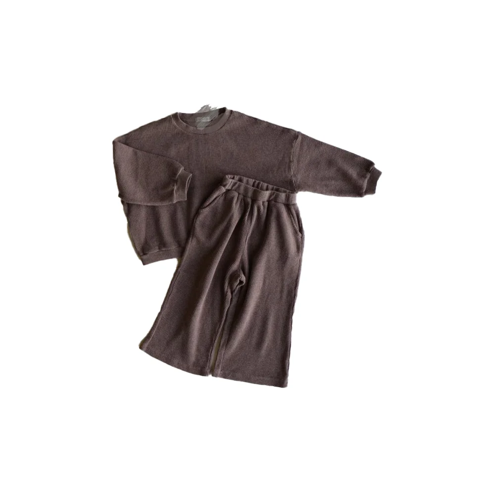 Custom New Design Oversize Solid Color Flare Waffle Cotton Casual Kids Pullover Set 2 Piece Clothes Set