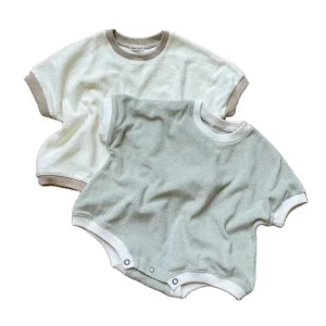 Newborn Baby Terry Bodysuit Summer Unisex Short Sleeve T-shirt Romper Contrast Oversized Bubble