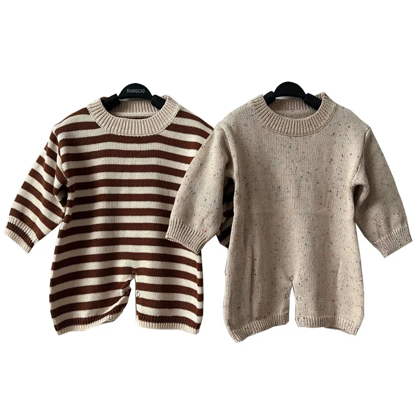 Wholesale Neutral Knitted Cotton Snap Button Long Sleeve Unisex Brown Big Stripe Baby Sweater Romper for Spring - Image 2