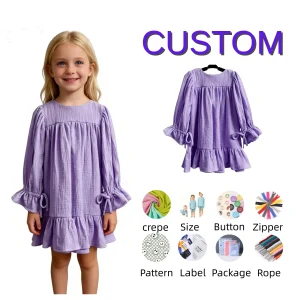 Wholesale Dres Kids O-Neck Lace up Dress With Jane's Crepe Ruffle Long Sleeves Summer Baby Clothing Customizable for Girls