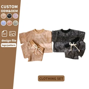 Children Clothes Solid Color Acid-Wash French Terry  Boys Girls Two Piece Set Baby Sweatshirts Biker Shorts Set
