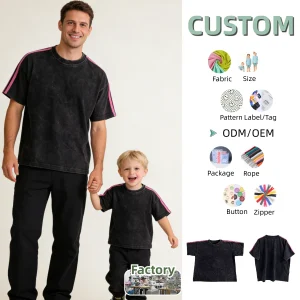 Custom Family Matching T-shirt Acid Washed Clothes Washed Knitted Cotton Children's Family Outfit Top Parent-Child T-shirt