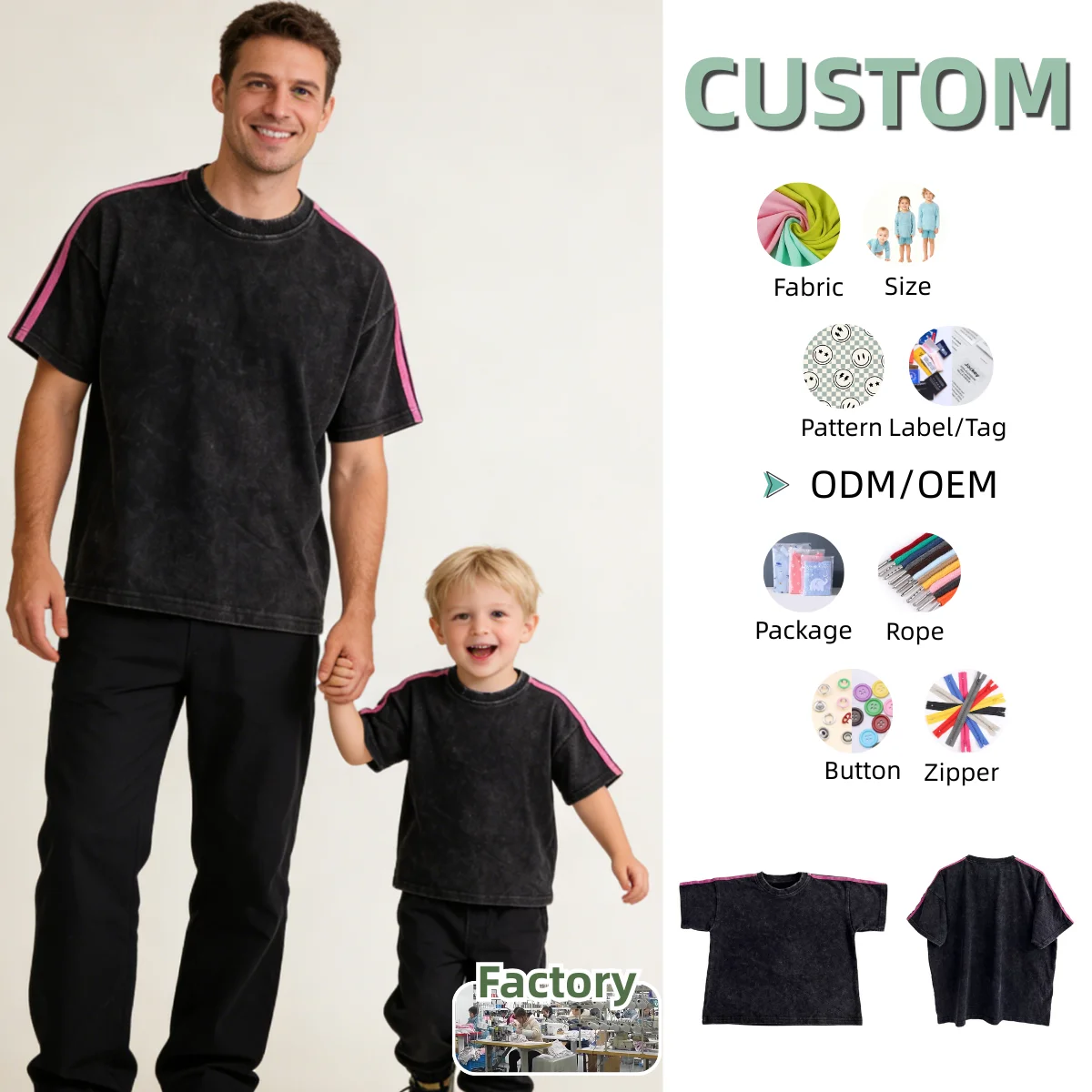 Custom Family Matching T-shirt Acid Washed Clothes Washed Knitted Cotton Children's Family Outfit Top Parent-Child T-shirt