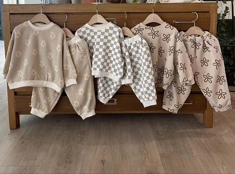 Wholesale Toddler Spring Autumn Custom Print Pattern Waffle Cotton Baby Clothes Long Sleeve Casual Set - Image 6