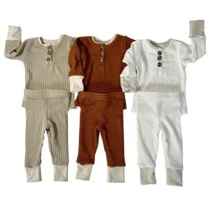 Baby Waffle Neutral Clothes Set Long Sleeve Button Shirt Pants Toddler Outfits Pajamas Set
