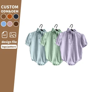 High Quality Toddler  Organic Crepe Baby Shirt Rompers Custom Print Button Kids Boys Short Sleeve Romper