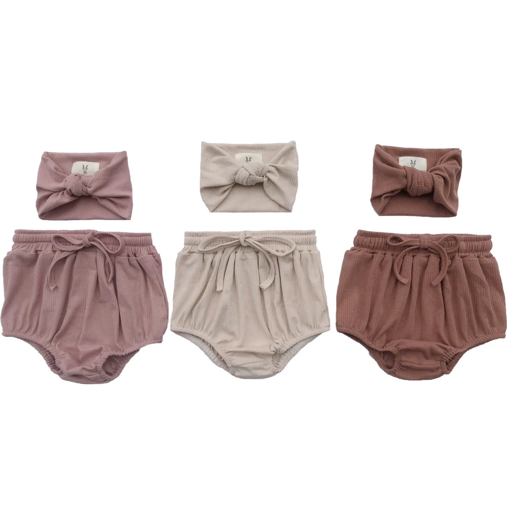 Summery Infant Ribbed Cotton Shorts Soft Baby Drawstring Diaper Bloomer Girls Pants with Headband