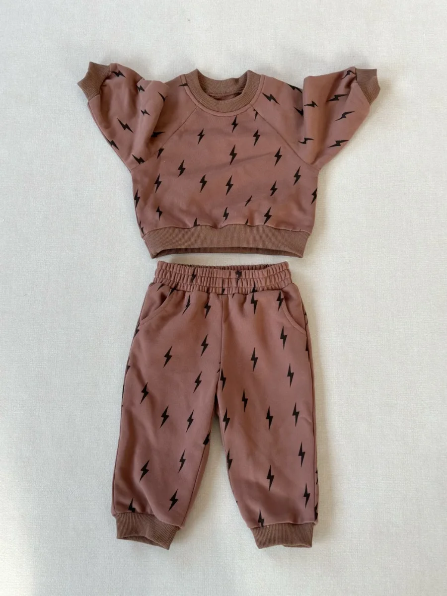 Ready to Ship Spring Autumn Children's Boys and Girls Set French Terry Lightning Print Casual High-quality 2-piece Set - Image 5
