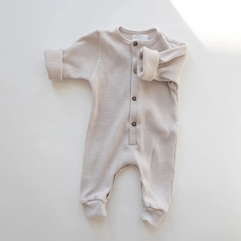 Wholesale Autumn Unisex Kids Baby Rib Cotton Long Sleeve Jumpsuit Baby Girl Boys Henley Solid Baby Romper - Image 3