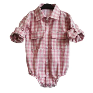 Infant Checked Fishing Shirt One Piece Unisex Custom Long Shirt Summer Plaid Baby Fishing Romper