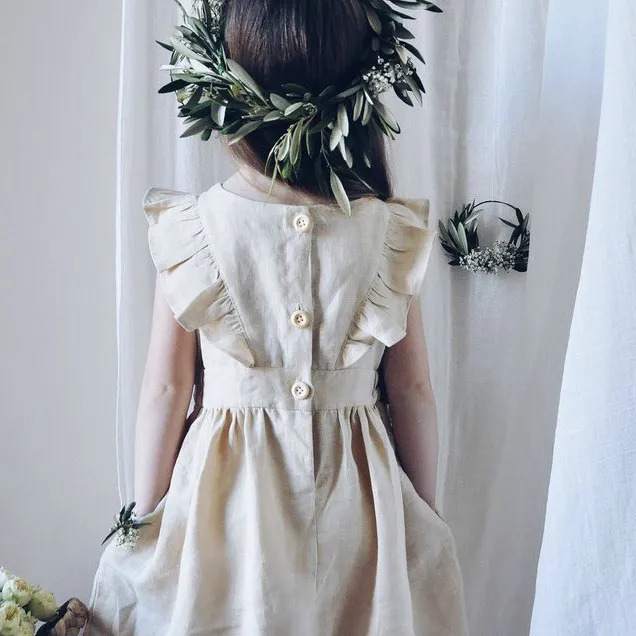 2021Boutique Baby Girl Skirt Flutter Sleeveless 100% Cotton Linen Dress Fashion Pleated Princess Dress with Back Button - Image 6