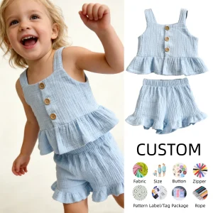 Customized Kids Clothes Set Toddler Baby Girl Summer 2Pcs Outfit Sleeveless Top and Crape Cotton Shorts Set Solid Color Clothes