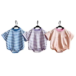 OEM Baby Boy Girl French Terry Striped Casual Short Sleeve Bubble Romper Snap Button Oversized Summer
