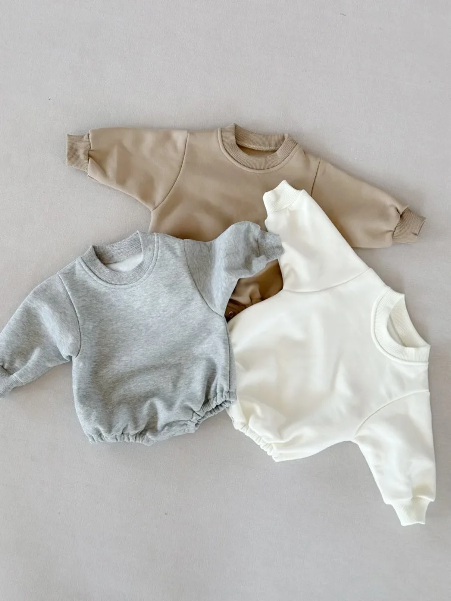 0-2T Ready to Ship Autumn/Winter Baby Fleece Solid Color Romper Warm Soft One-Piece - Image 5