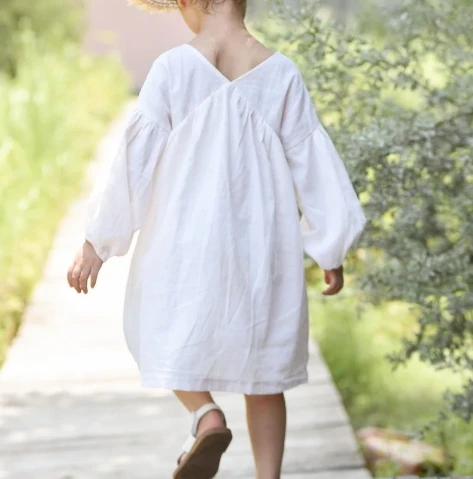 Spring Summer Girls Light and Breathable Dress V-neck Loose Solid Color Linen Cotton Dress Spanish Baby Clothes - Image 5