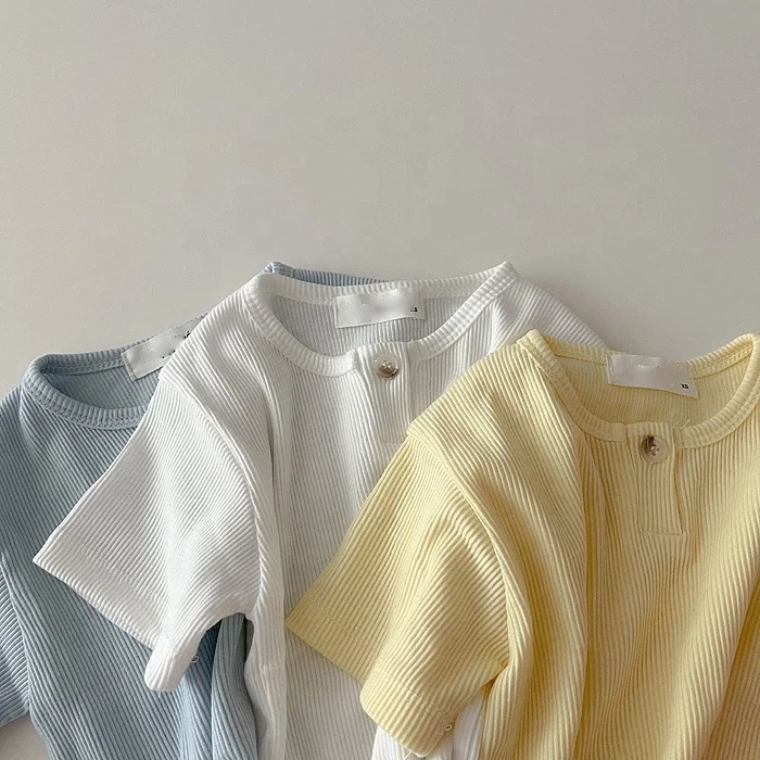 Custom Summer Rib Cotton Solid Color Baby Short Sleeve Top Candy Color Button Crewneck T-shirt for Baby Unisex - Image 4