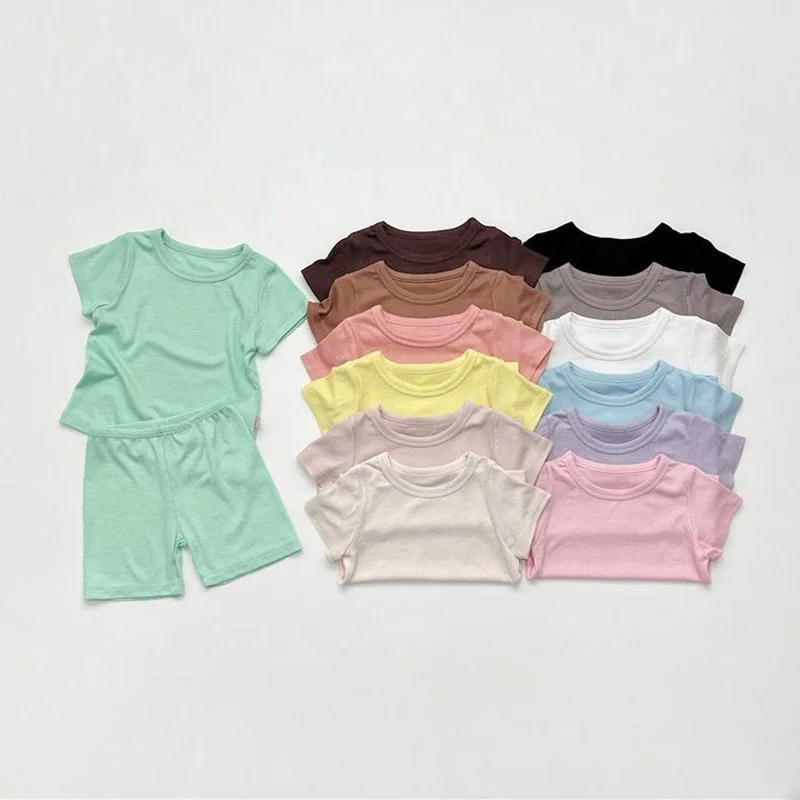 RTS Soft Ribbed Cotton Baby Kids Summer Short 2 Piece Pajamas Clothes Set