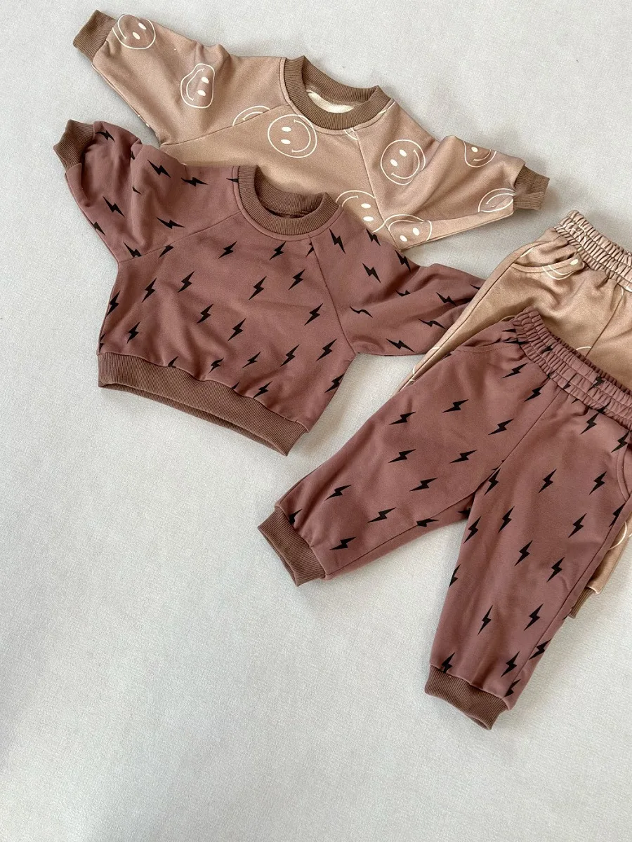 Ready to Ship Spring Autumn Children's Boys and Girls Set French Terry Lightning Print Casual High-quality 2-piece Set - Image 3