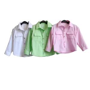 Double Pocket Front Button up Bamboo Fiber Polyester Shirt Casual Outerwear Shirt Loose Top for Children
