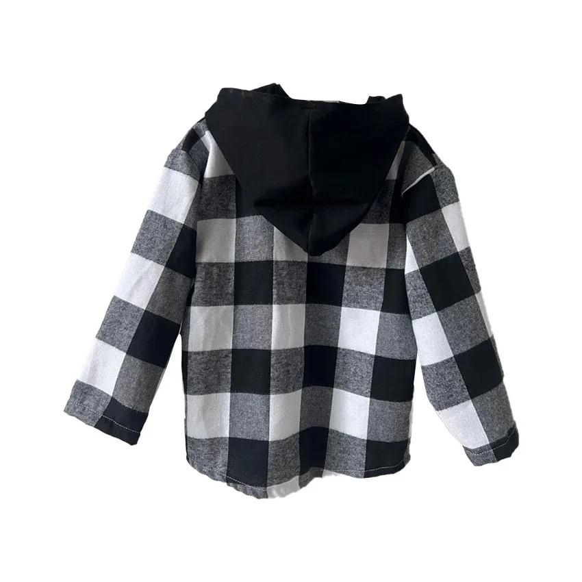 Toddler Boys Button Down Shirt Long Sleeve Custom White and Black Plaid Boys Flannel Checked Hooded Shirts for Kids - Image 3