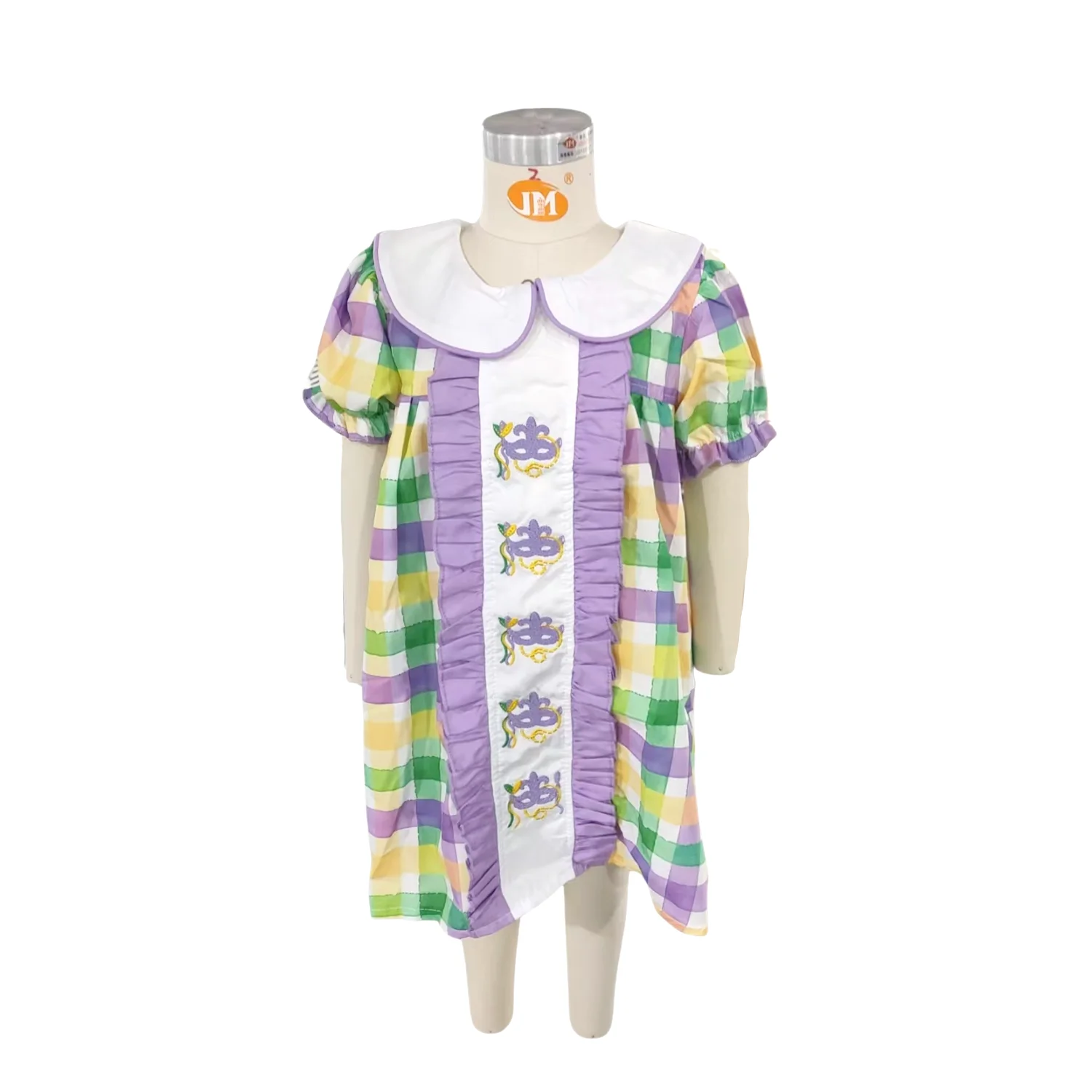 Baby Girls' Carnival Mardi Gras purple Gold Green Checkered Dress Short-sleeved Embroidered Princess Dress - Image 2