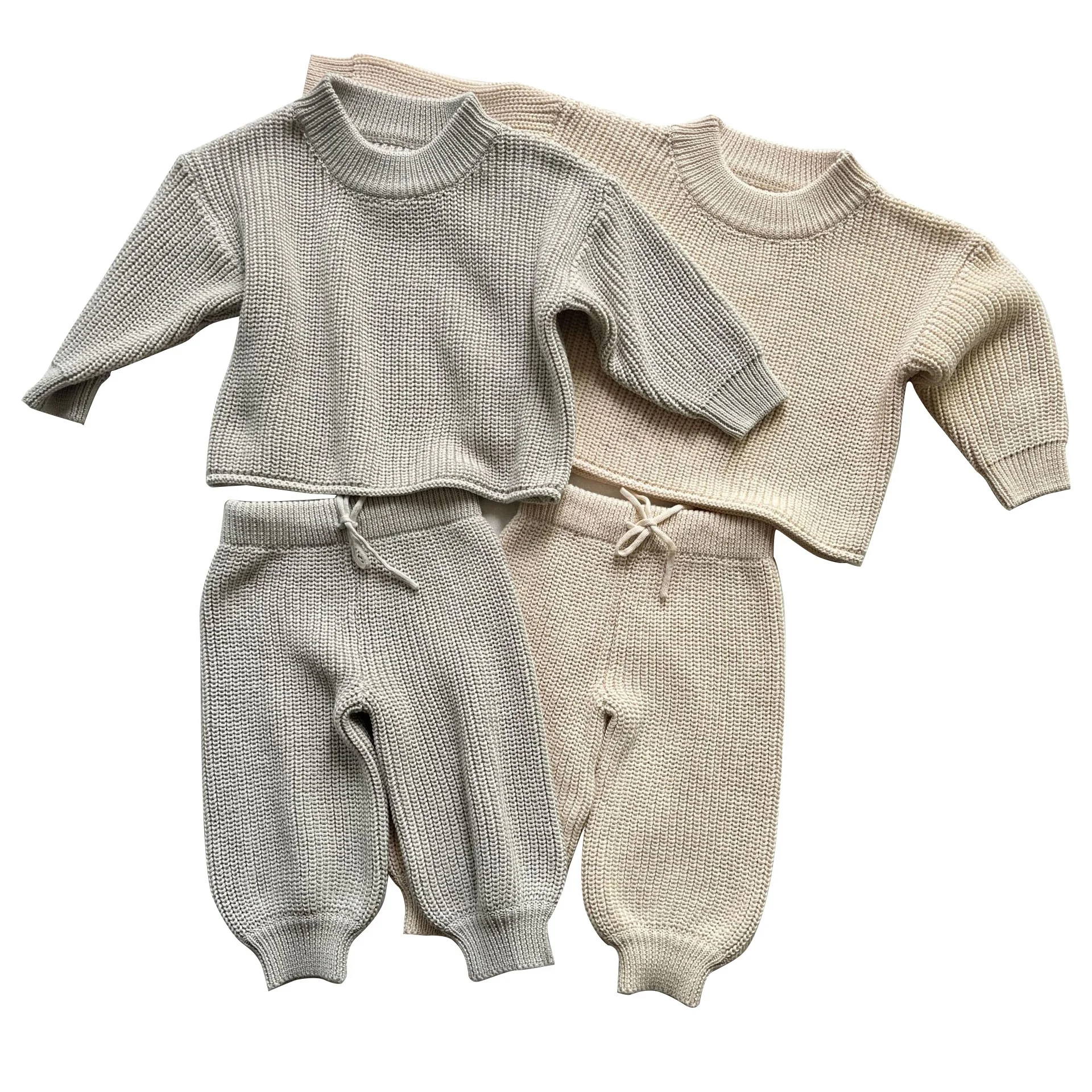 Custom Warm Baby Kids Soft 100% Cotton Winter Long Sleeve Knitted Sweater Suit Clothes Sets