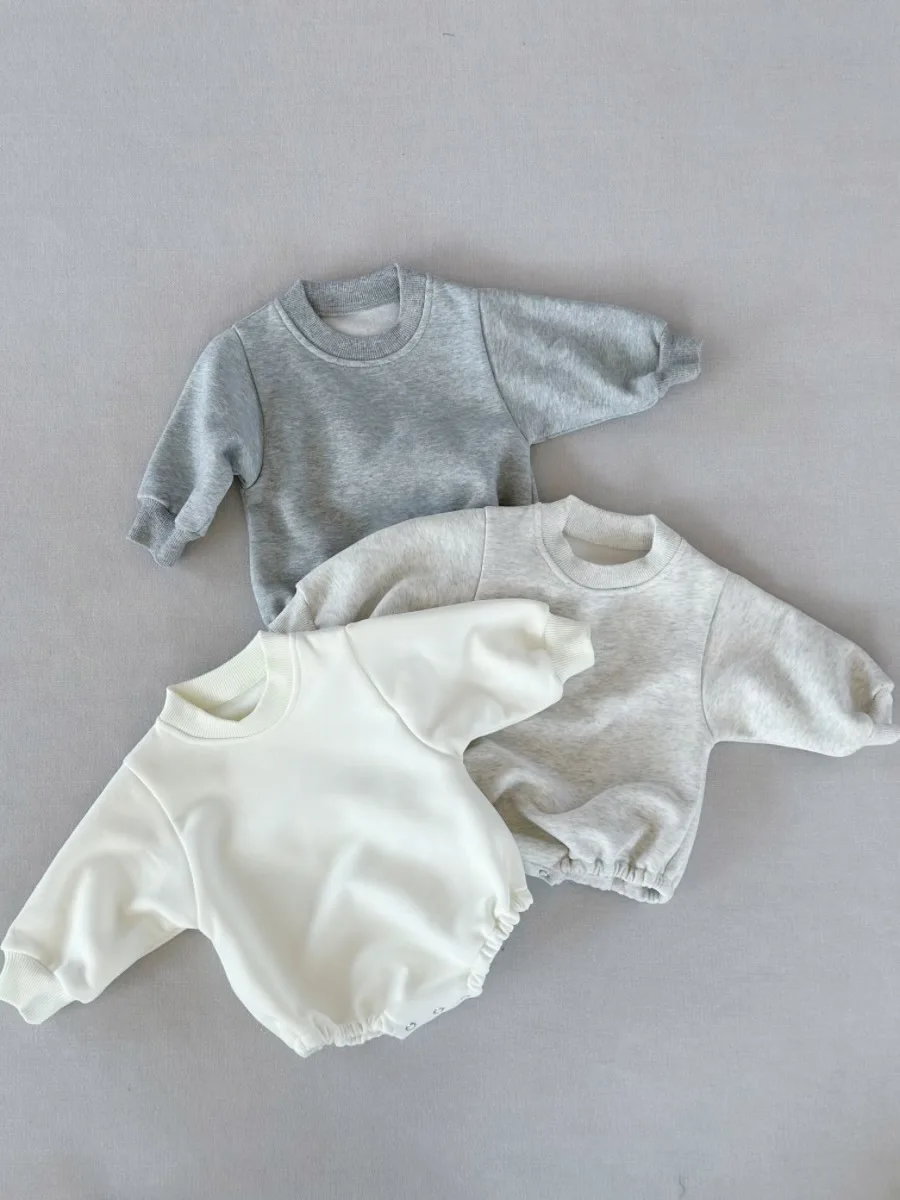 0-2T Ready to Ship Autumn/Winter Baby Fleece Solid Color Romper Warm Soft One-Piece - Image 4