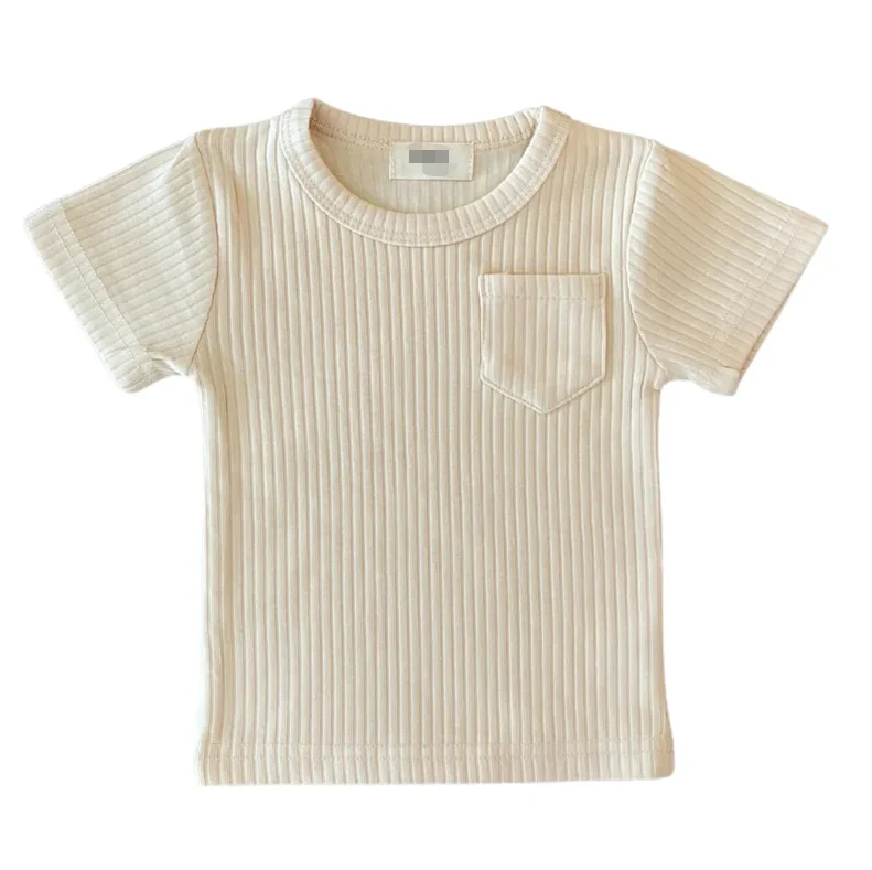 Hot Sale Ribbed Cotton Solid Color Short Sleeve Baby Tshirts with Pocket and Label for Summer - Image 5