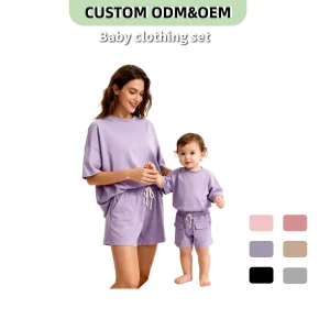 OEM Kids Clothes Set Boys Girls Summer Clothes Set Cotton Solid Plain Short Sleeve T-Shirt Tops Shorts Cute Outfits Set