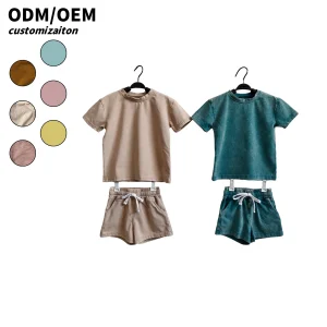 Custom Acid Wash Cool Boys Oversize Two Pieces Boxy T Shirts Cargo Shorts Toddler Summer Set