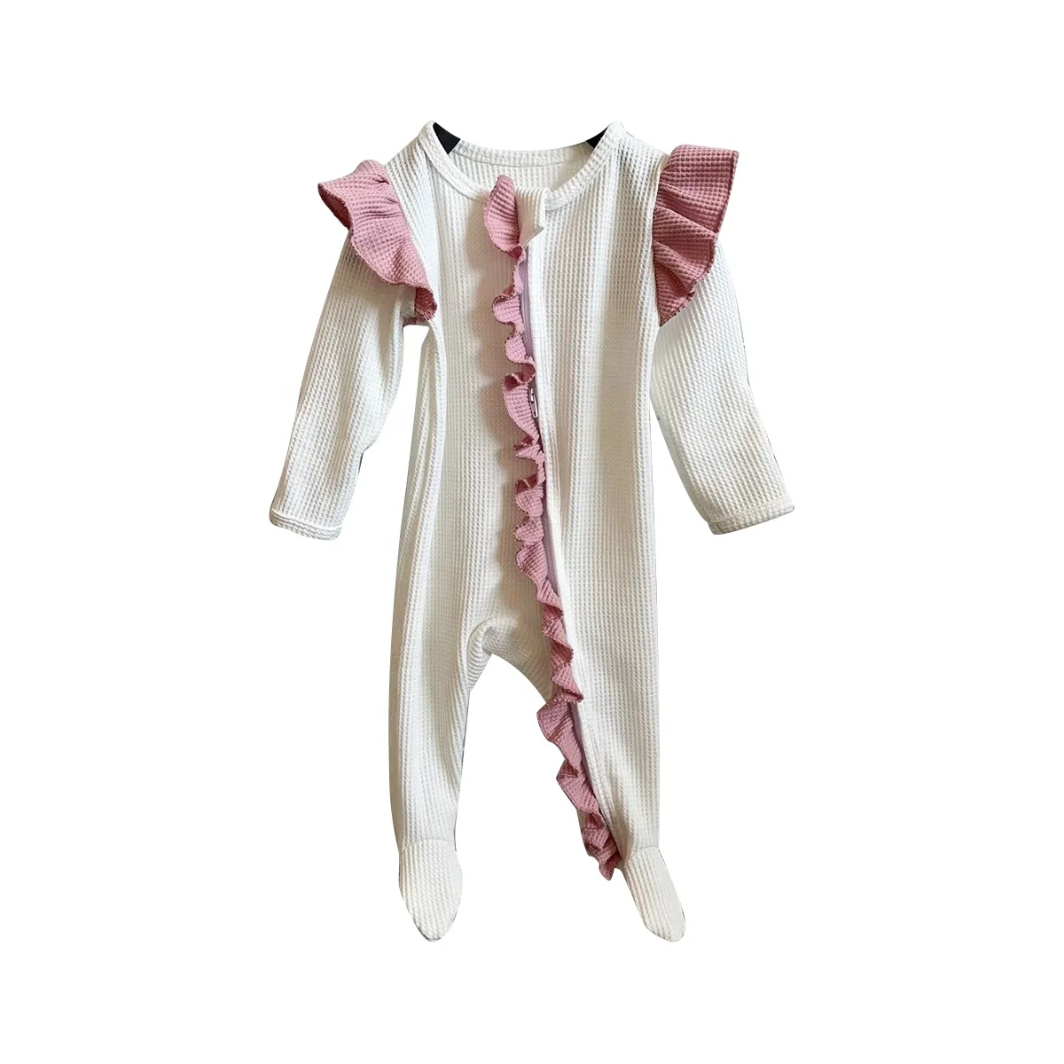 Custom Baby Ruffle Romper Waffle Knit Cotton Soft and Elastic Newborn Baby Girl Gift Pajamas Romper - Image 5