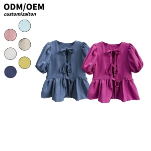 Lace-Up Puff Sleeve Top Summer Baby Girl Cotton Linen Blouses Cute Kids Clothing T-shirt