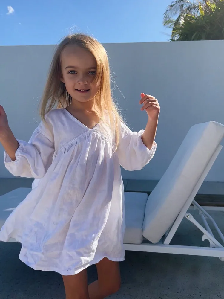 High Quality Girl's Boho Dress Long-Sleeved V-Neck Summer Outfit Cotton Linen Parties Sweet Dress - Image 3